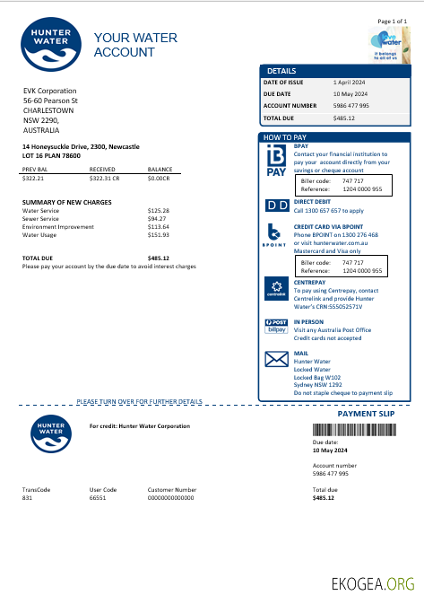 Modèle de facture de services publics d'Australie Hunter Water au format Word et PDF